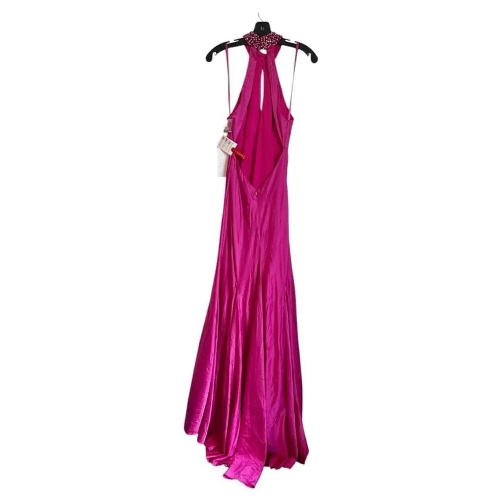 Mac Duggal Fuchsia Beaded Halter Neck Satin Mermaid Gown